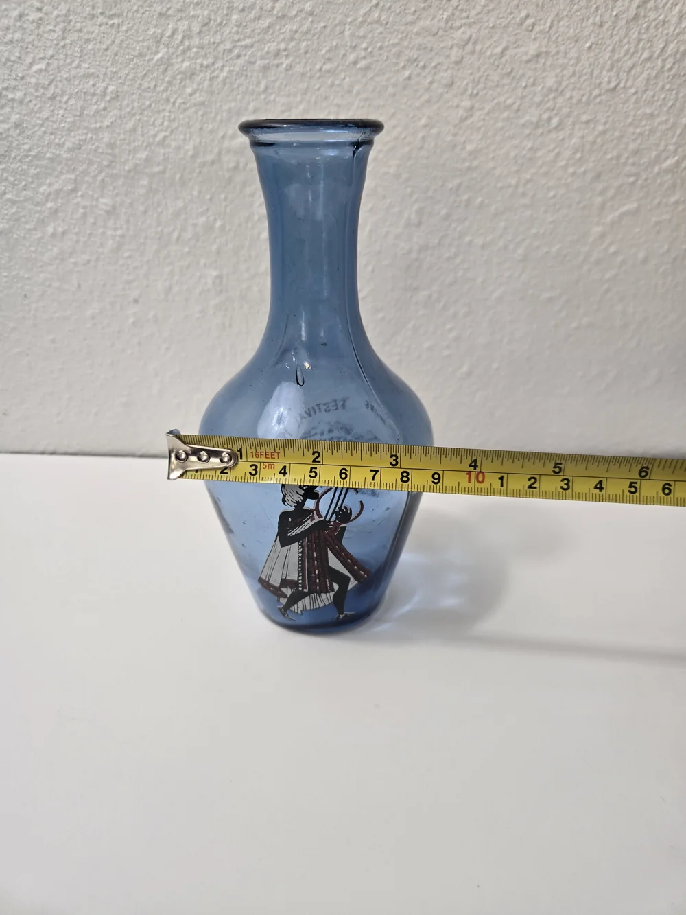 Vintage Blue Glass Decorative Bottle Vase - Greece Souvenir - 1970